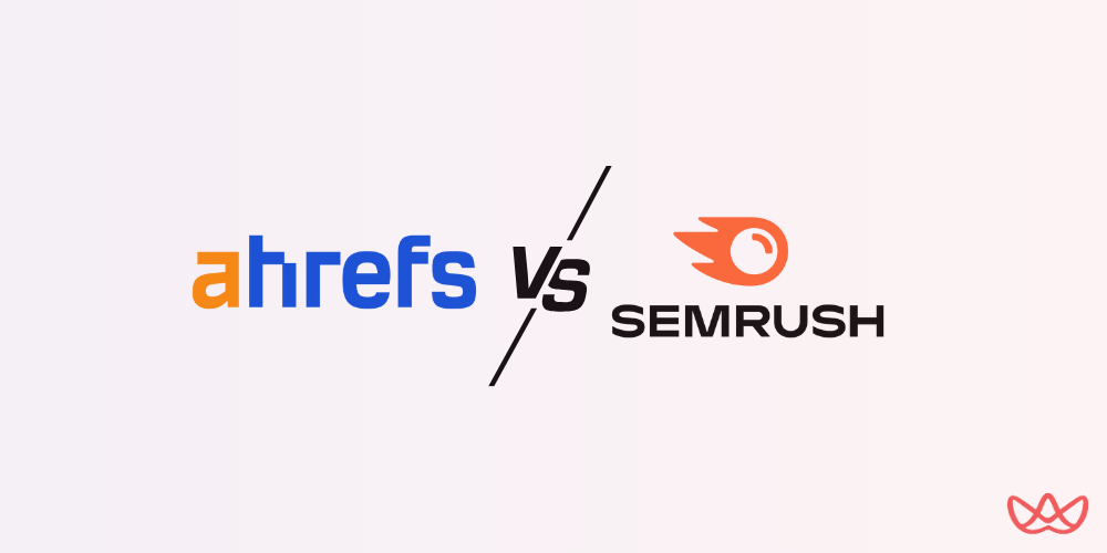 A graphic with a slash between the logos for Ahrefs and SEMrush, with the text "Ahrefs vs. SEMrush" clearly displayed on a light background.