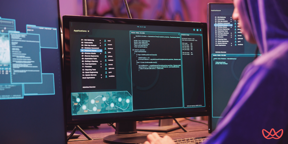 Developer working on multiple monitors, showcasing the advanced capabilities of nearshore software development companies.