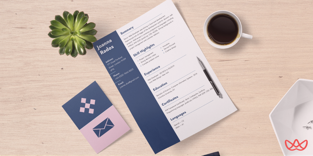 Free AI resume builder showcasing ‘Joanna Rados’ resume with coffee and office supplies on a desk.