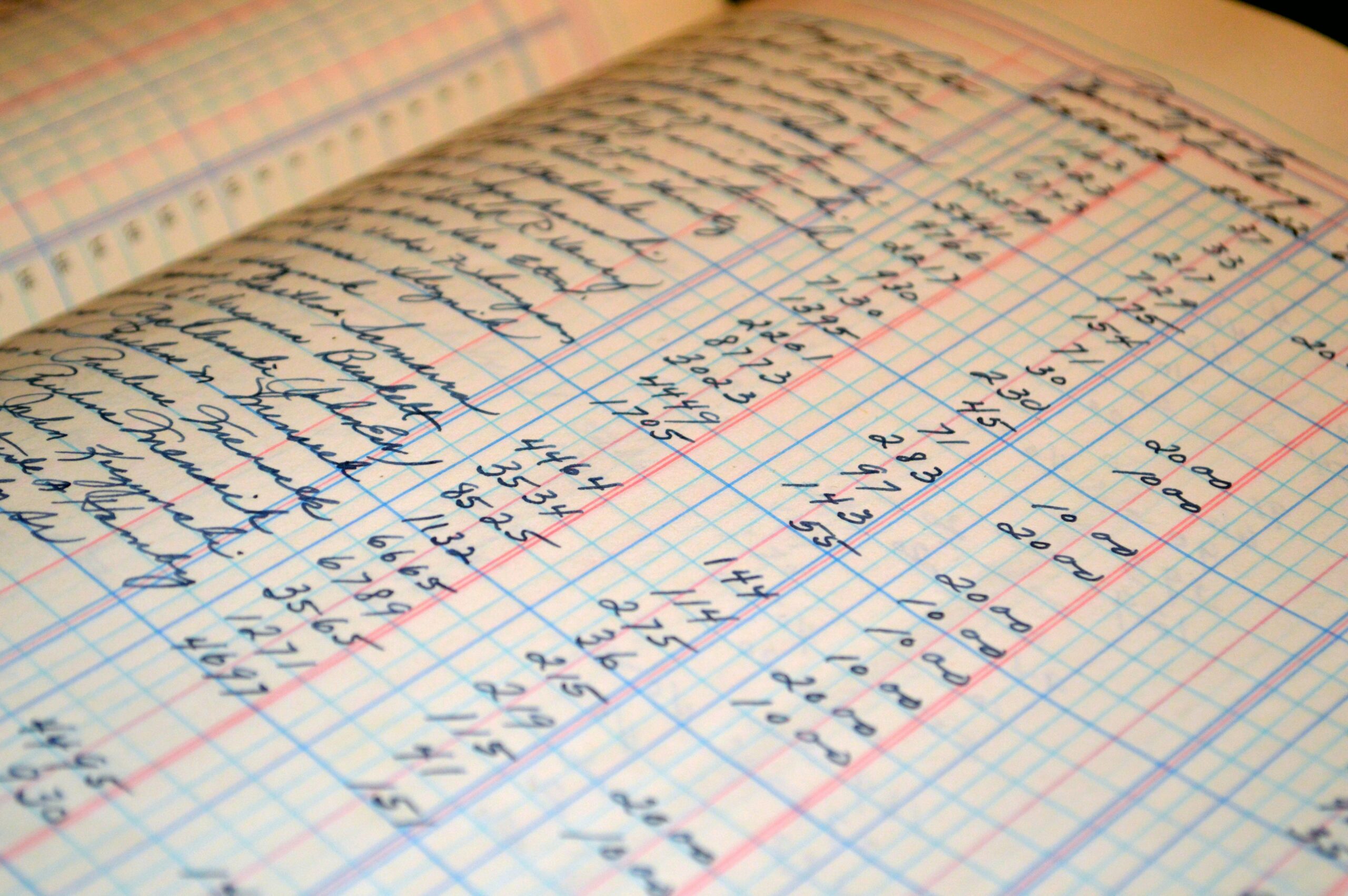 A close-up of a ledger book, tying in with the theme of interview questions for a bookkeeper.
