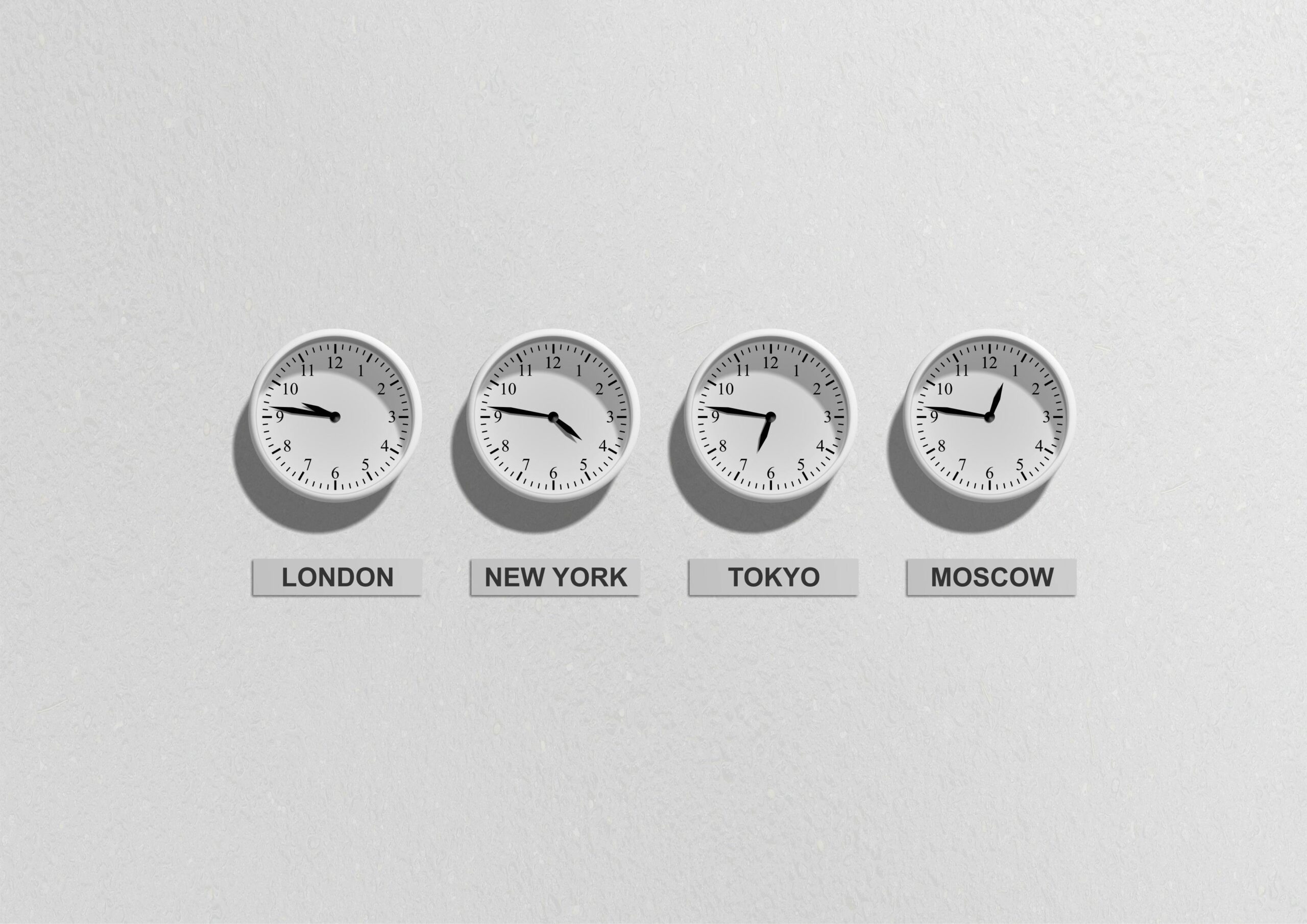 Clocks displaying time zones for London, New York, Tokyo, and Moscow.