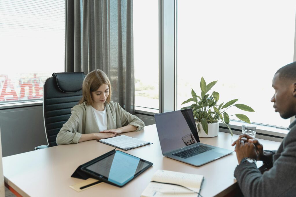 An interview session showcasing how to hire international employees with focus on communication and evaluation.