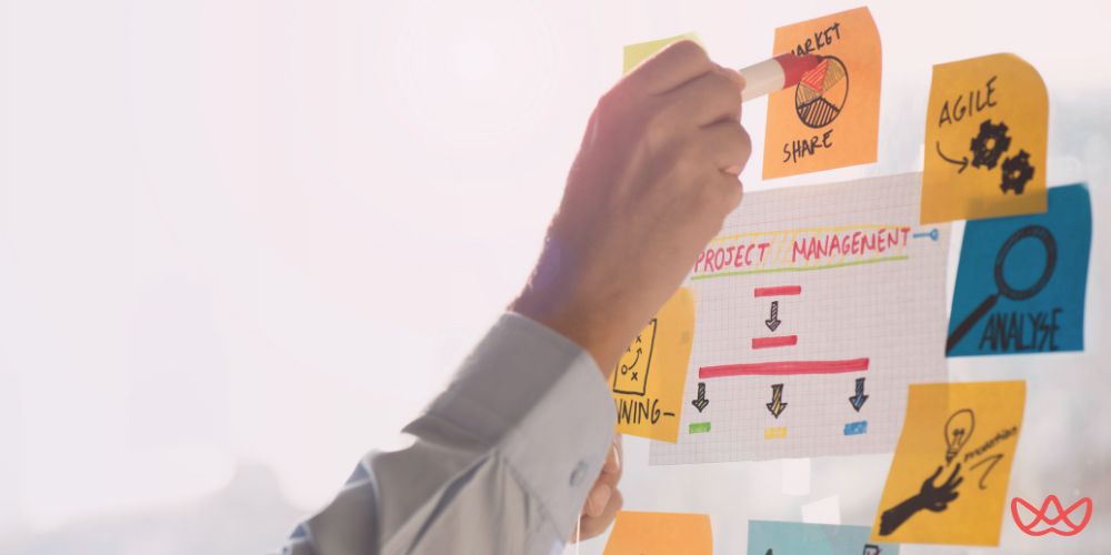 A person pointing at a series of colorful sticky notes and a graph paper with the title "PROJECT MANAGEMENT" on a glass wall, illustrating an agile project manager key skills summary.