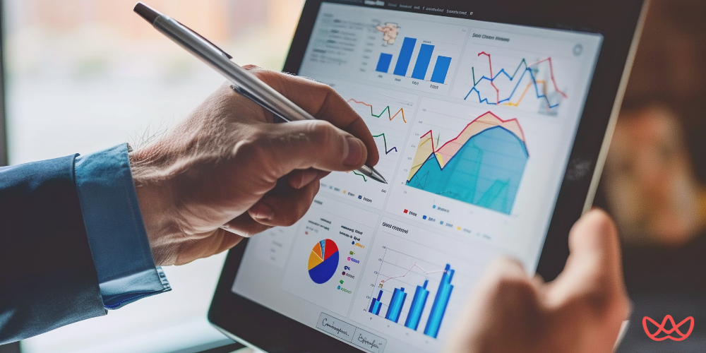 A CRM manager analyzes data on a tablet, illustrating CRM manager key skills summary in action: data analysis, strategic thinking, and technology proficiency.
