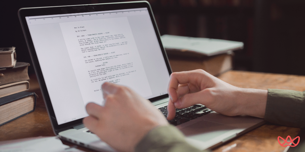 Hands typing on a laptop keyboard, working on a "How to Write" document, illustrating content writer key skills summary with focus on writing proficiency and content creation. Books visible in background.