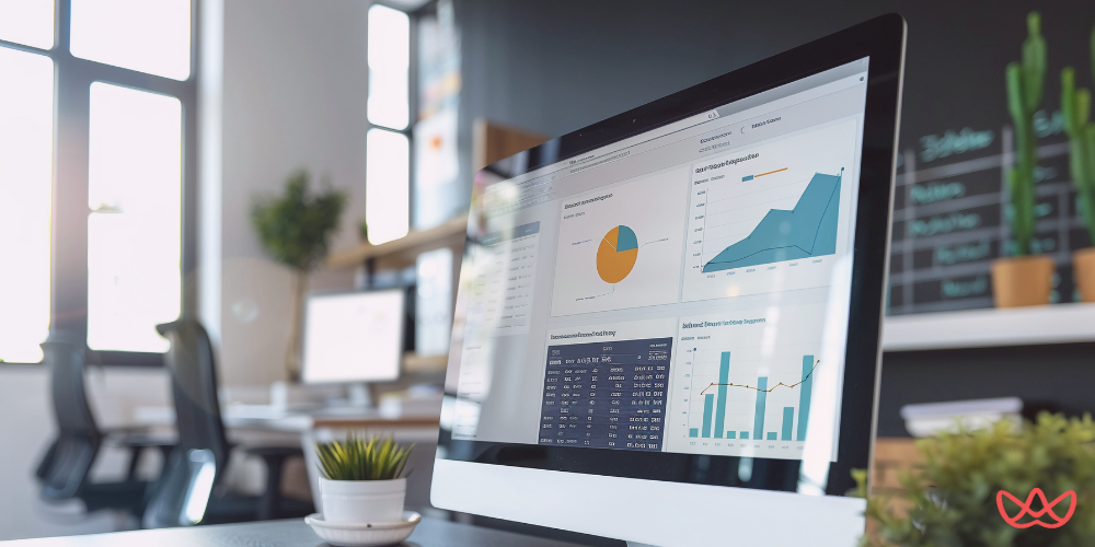 Customer relationship manager (CRM) key skills summary displayed on an office monitor with various charts and graphs.