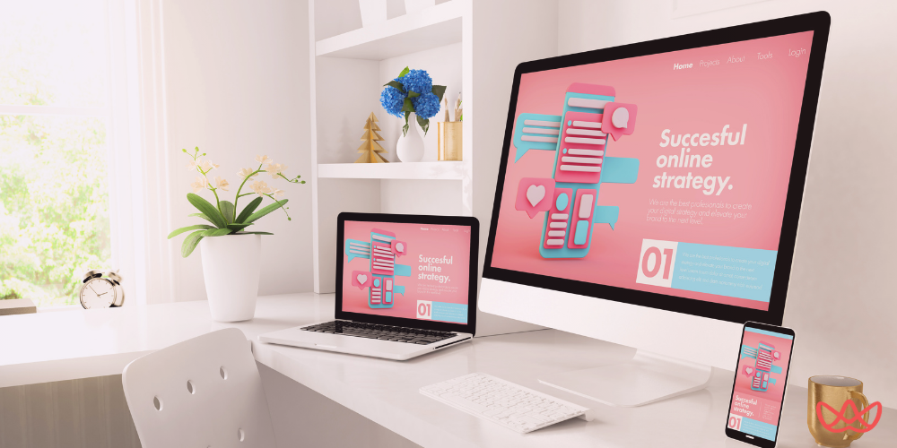 A modern workspace with a desktop computer, laptop, and smartphone displaying a website titled "Successf