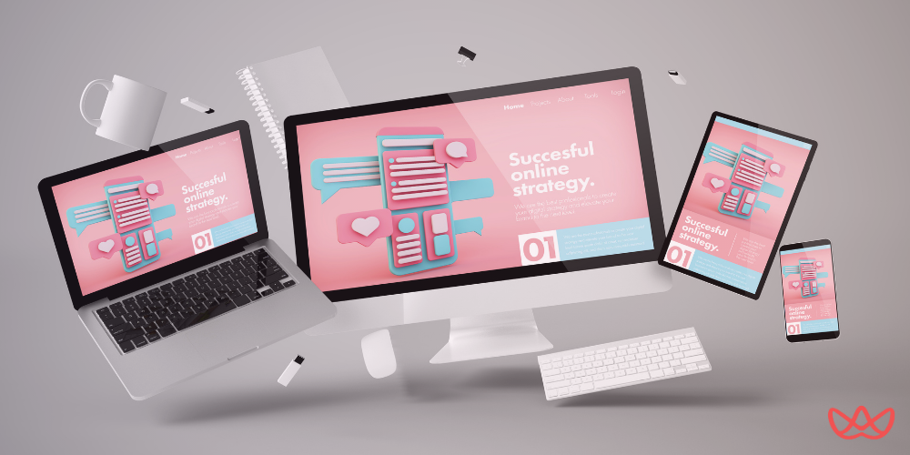A laptop, desktop computer, tablet, and smartphone floating in mid-air, all displaying a website design with the text "Successful online strategy 01", illustrating the diverse digital environment a full-stack developer works within, relevant to a full-stack developer key skills summary.