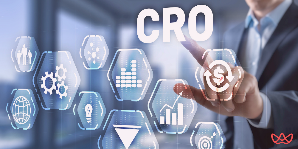 A business professional interacts with a digital interface displaying various icons related to conversion rate optimization (CRO), with the keyword "CRO" prominently featured in the center. The icons represent key skills and metrics such as teamwork, gear mechanisms, bar charts, dollar signs, and global connectivity.