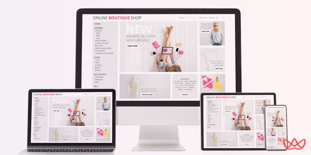 A display of an online boutique shop website shown on various devices including a desktop monitor, laptop, tablet, and smartphone, highlighting the responsive design capabilities.