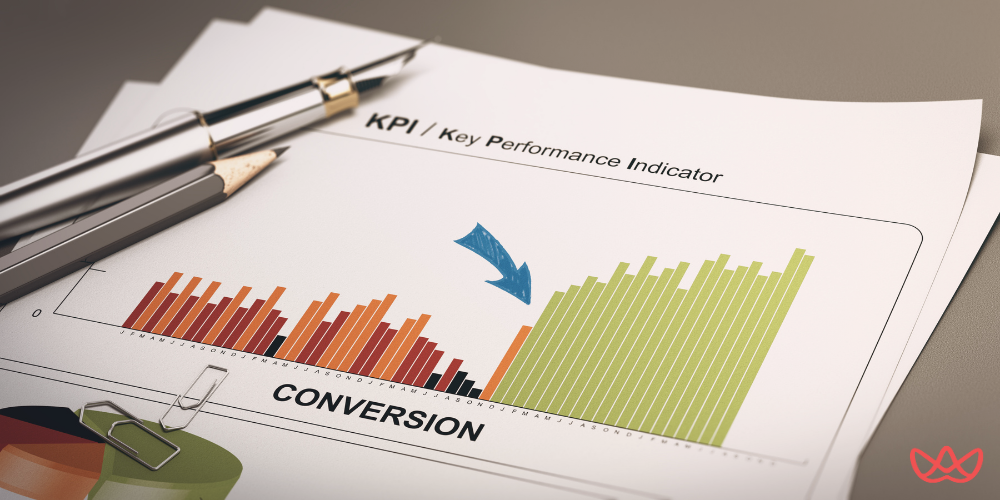 A detailed report featuring a bar graph titled "KPI / Key Performance Indicator" with the subtitle "CONVERSION," paired with a pen and pencil, visually representing a conversion rate optimization (CRO) specialist key skills summary.