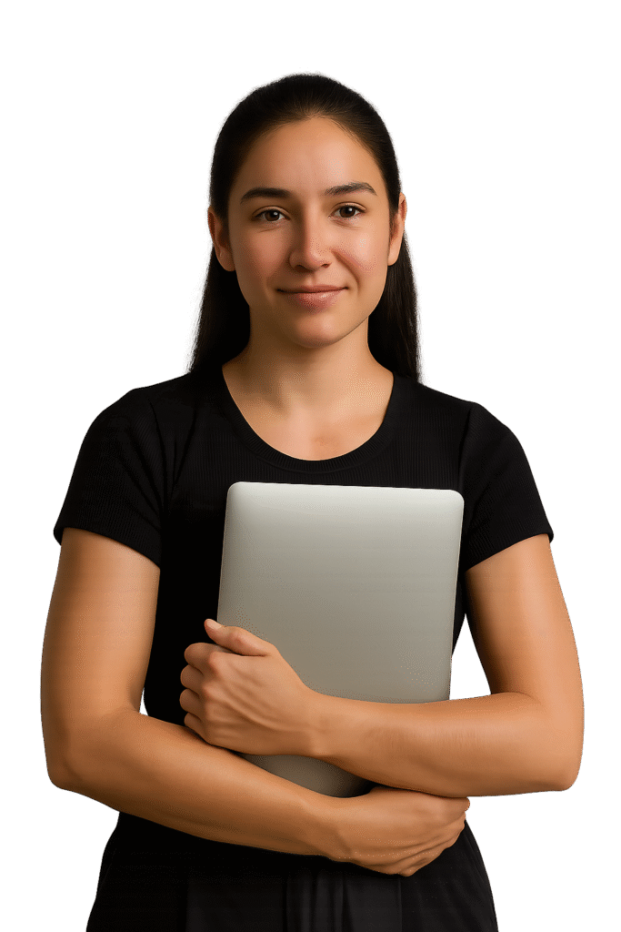 Account Executive holding a laptop on her hands.